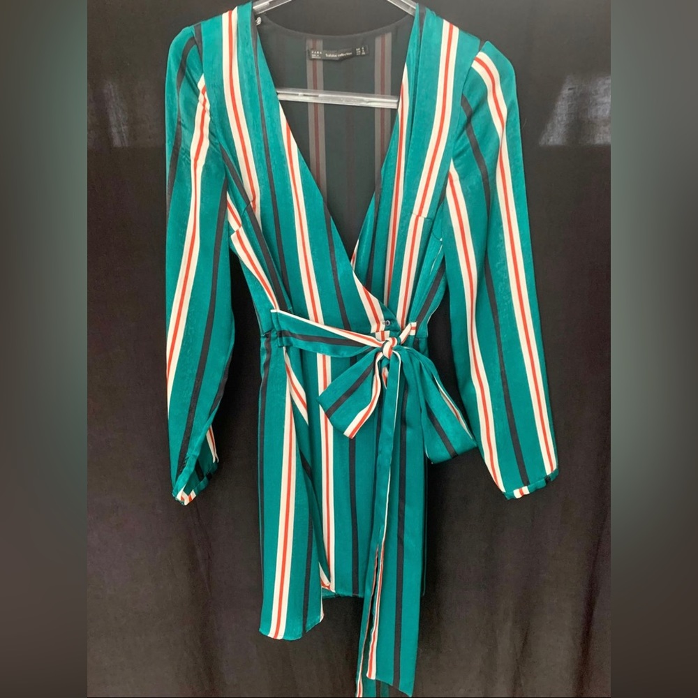 Zara Wrap Romper Short Green Red Black Stripe Tie Side V-Neck Long Sleeve Medium